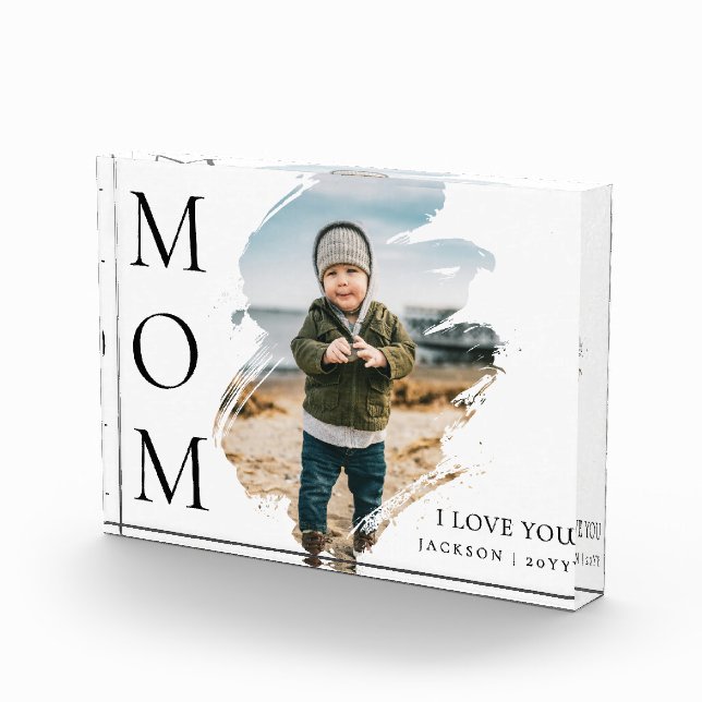 Modern White Unique Brushstroke  I Love You Mom Photo Block (Right)
