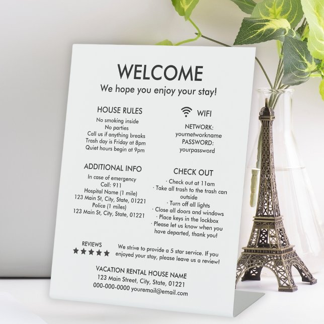 Modern White Vacation Rental House Rules Welcome Pedestal Sign (Modern White Vacation Rental House Welcome Pedestal Sign
)
