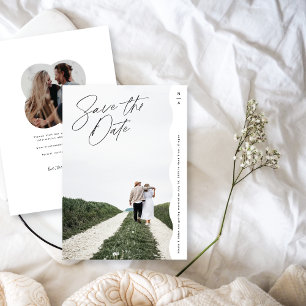 Modern White Wavy Edge Minimal Monogram Save The Date