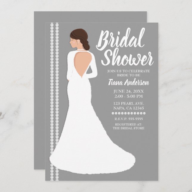 Modern White Wedding Dress Bling Bridal Shower Invitation (Front/Back)