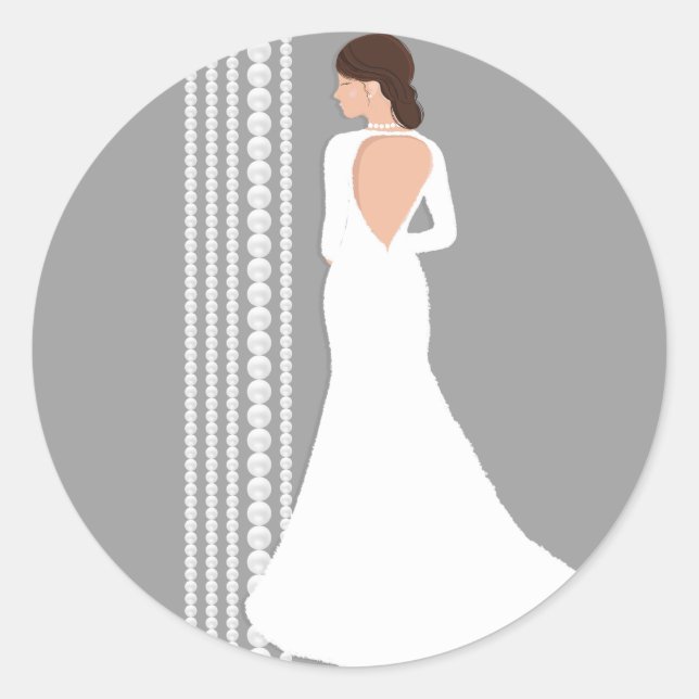 Modern White Wedding Dress & Pearls Bridal Shower Classic Round Sticker (Front)