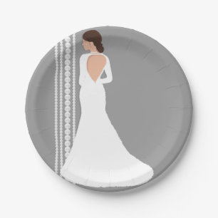 Modern White Wedding Dress & Pearls Bridal Shower Paper Plate