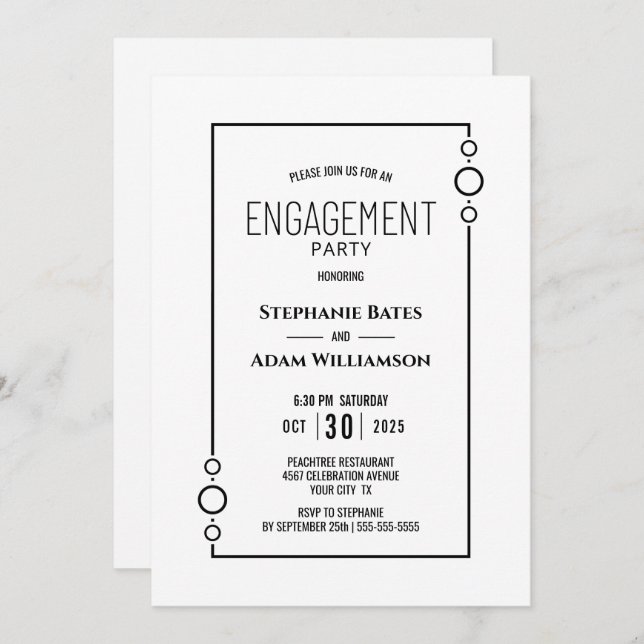 Modern White with Black Frame Engagement Party Invitation (Front/Back)
