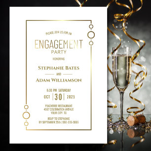 Modern White with Gold Frame Engagement Party Invitation