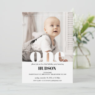 Modern White Word Photo 1st Birthday Invitation