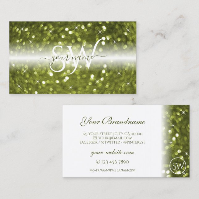 Modern White Yellow Green Sparkle Glitter Initials Business Card (Front/Back)
