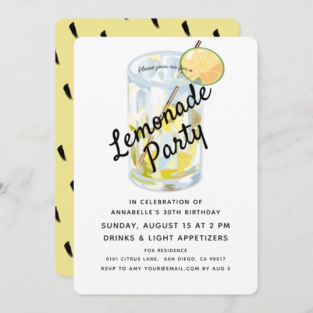Modern White & Yellow Lemonade Party Invitation (Front/Back)