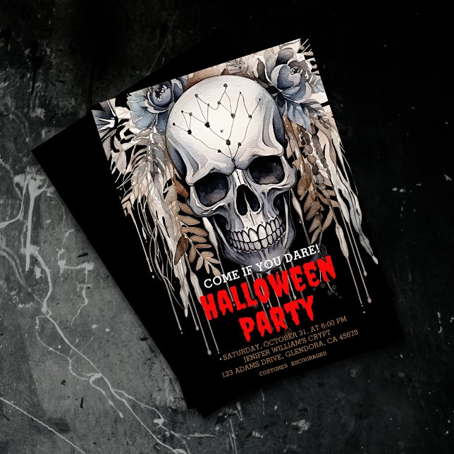 Modern Wicked Skull Black Halloween Party  Invitation (Elevate your upcoming event with uniquely spooky and captivatingly designed Halloween invitations!)