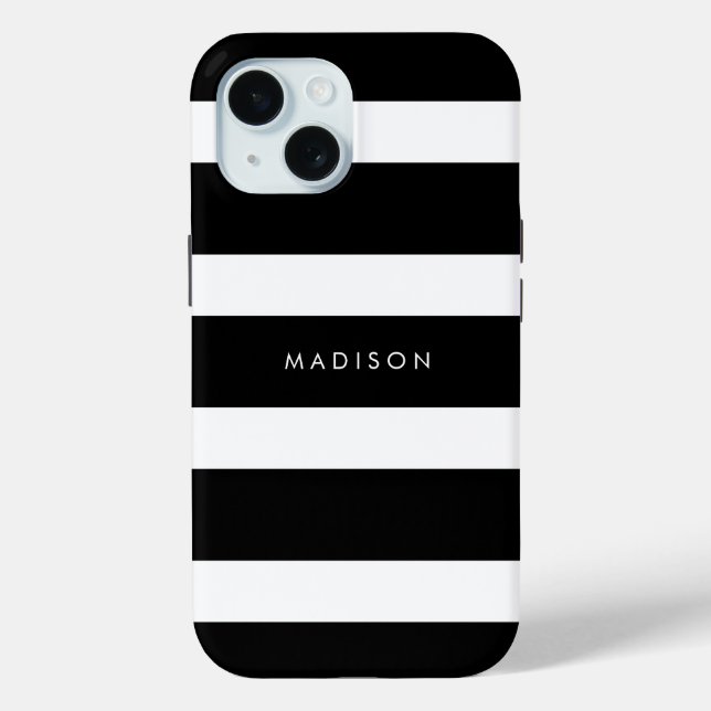 Modern Wide Black and White Stripes Name Monongram Case-Mate iPhone Case (Back)