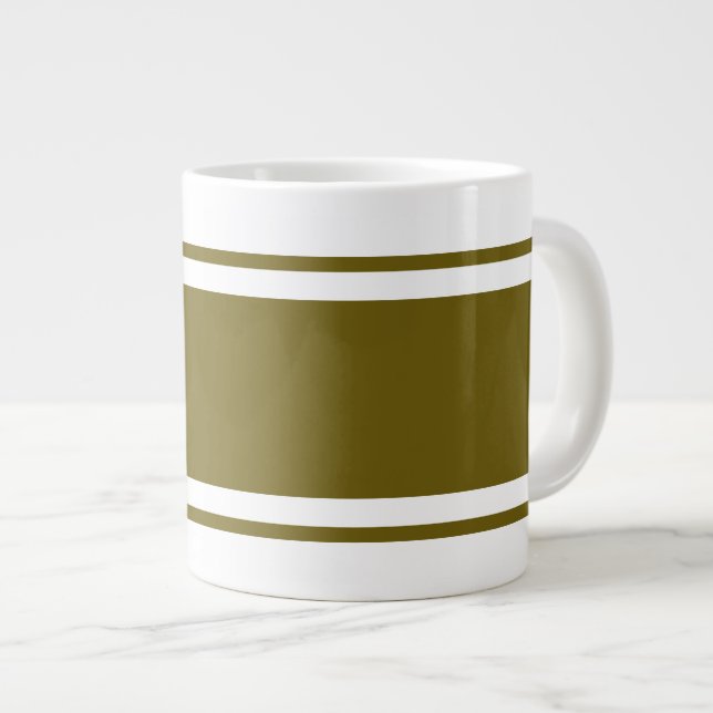 Modern Wide Golden Olive Racing Stripes On White Large Coffee Mug (Front Right)