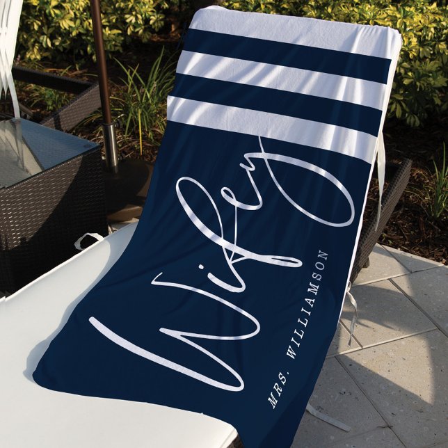 Modern Wifey Script Nautical Navy & White Stripes Beach Towel (Creator Uploaded)