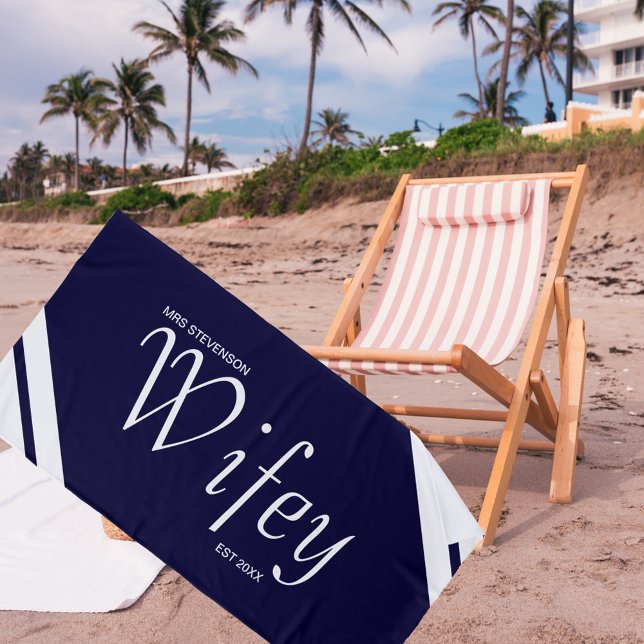 Modern Wifey Script Navy and White Stripes Beach Towel (Creator Uploaded)