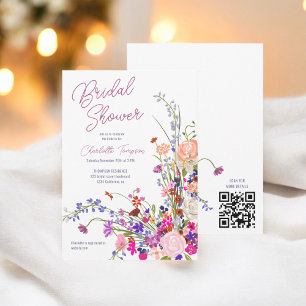Modern wild flowers script bridal shower QR Invitation