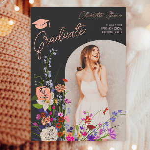 Modern wild flowers script photo dark graduation announcement
