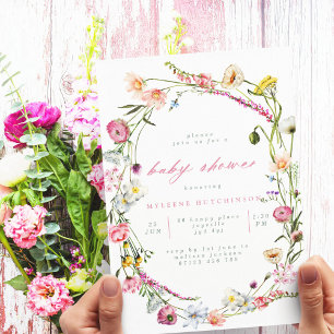 Modern Wild Flowers Wreath Baby Shower Invitation