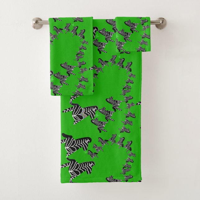 Modern wild green zebra bath towel set (Insitu)