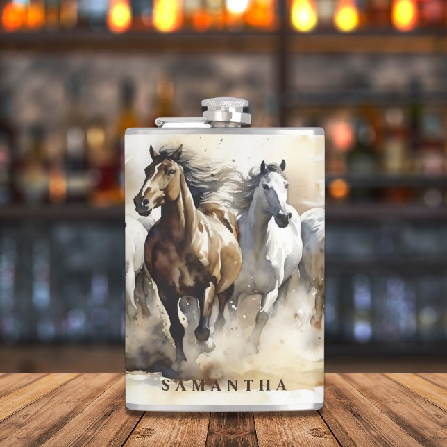 Modern Wild Mustang Horses Equestrian Watercolor Hip Flask (Creator Uploaded)