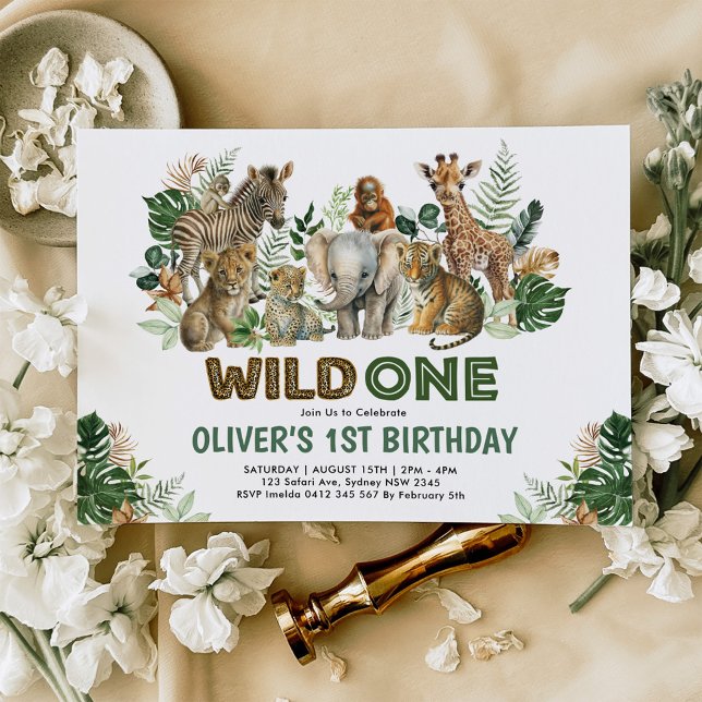 Modern Wild One Jungle Safari Animals Birthday Invitation (Creator Uploaded)