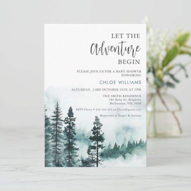Modern Wilderness Let Adventure Begin Baby Shower  Invitation (Standing Front)