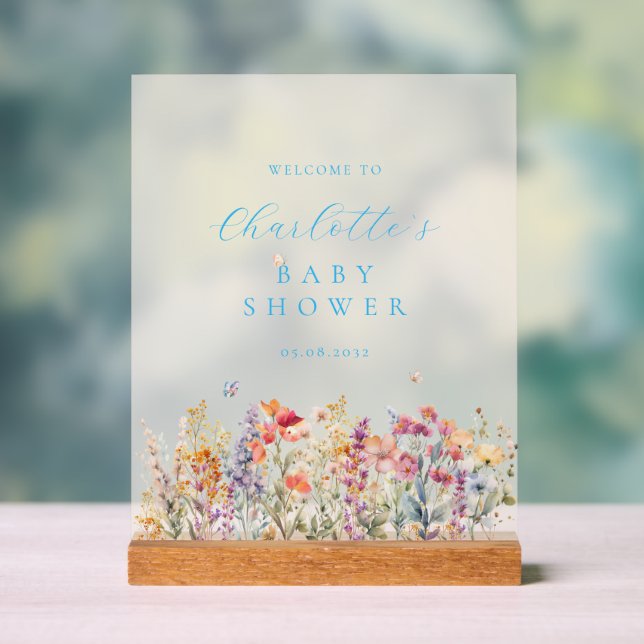 Modern, wildflower Baby Shower Welcome Acrylic Sign (Neutral)