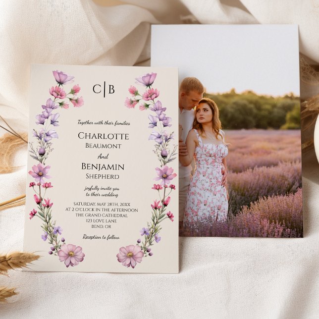 Modern Wildflower Beige Monogram Photo Wedding Invitation (Creator Uploaded)