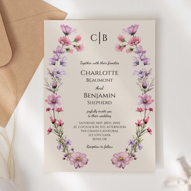Modern Wildflower Beige Monogram Wedding Invitation (Creator Uploaded)