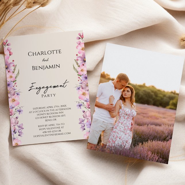 Modern Wildflower Beige Photo Engagement Party Invitation (Creator Uploaded)