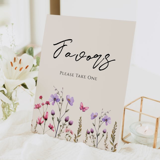 Modern Wildflower Beige Wedding Favours Pedestal Sign (Creator Uploaded)