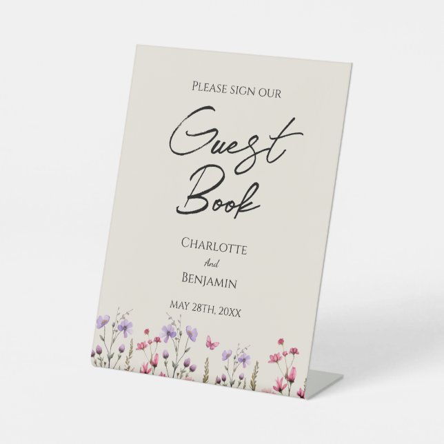 Modern Wildflower Beige Wedding Guest Book Sign (Front)