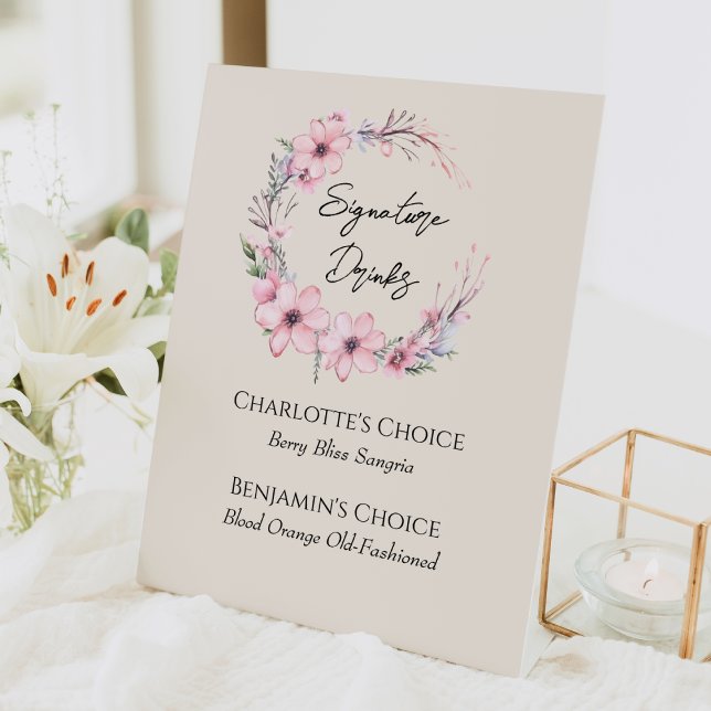 Modern Wildflower Beige Wedding Signature Drinks Pedestal Sign (Creator Uploaded)