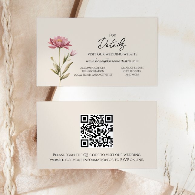 Modern Wildflower Beige Wedding Website Details Enclosure Card (Creator Uploaded)