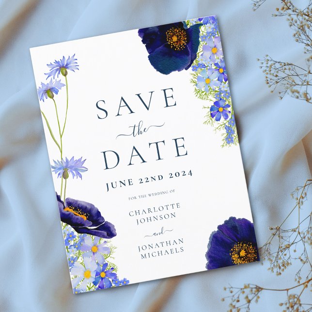 Modern Wildflower Blue Boho Wedding Save The Date (Elegant wildflower blue floral wedding save the date invitation with modern typography )