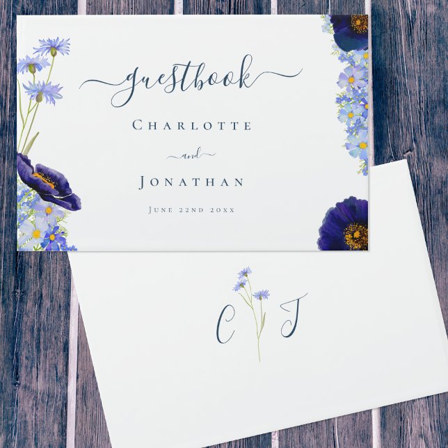 Modern Wildflower Blue Guest Book (original wildflower watercolor art by artist Catherine Sweetman with elegant typography script)