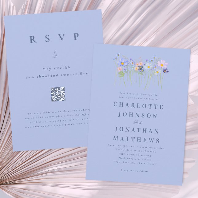 Modern Wildflower Blue Pink Floral Wedding QR Code Invitation (Modern wildflower boho blue & pink watercolor floral wedding QR code invitation cornflower navy )
