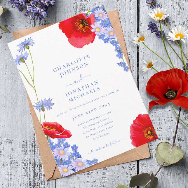 Modern Wildflower Blue Wedding Invitation (Modern wildflower watercolor with poppy cornflower and daisy wedding invitation)