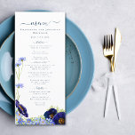 Modern Wildflower Blue Wedding Menu<br><div class="desc">Beautiful watercolor wildflowers and foliage in blush blue, cornflower blue, navy, purple and green hues, ideal for a unique spring or summer day of the wedding menu. Elegant modern typography script in navy blue complements the whimsical boho stunning hand painted artwork which includes cornflowers, poppy, cosmos, forget me nots and...</div>