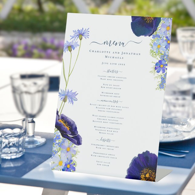 Modern Wildflower Blue Wedding Menu Pedestal Sign (Modern blue summer floral wedding reception menu with elegant typography & watercolor wildflowers )
