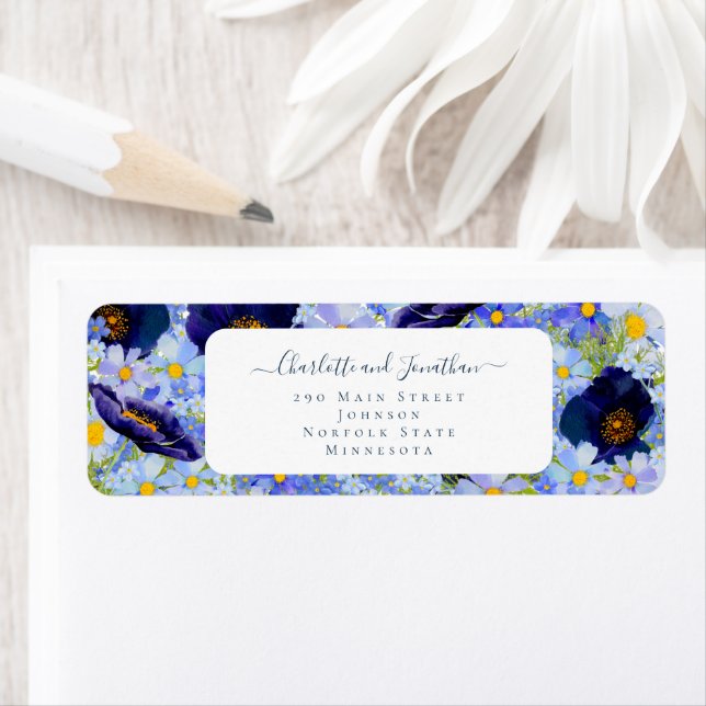 Modern Wildflower Blue Wedding Return Address Label (Insitu)