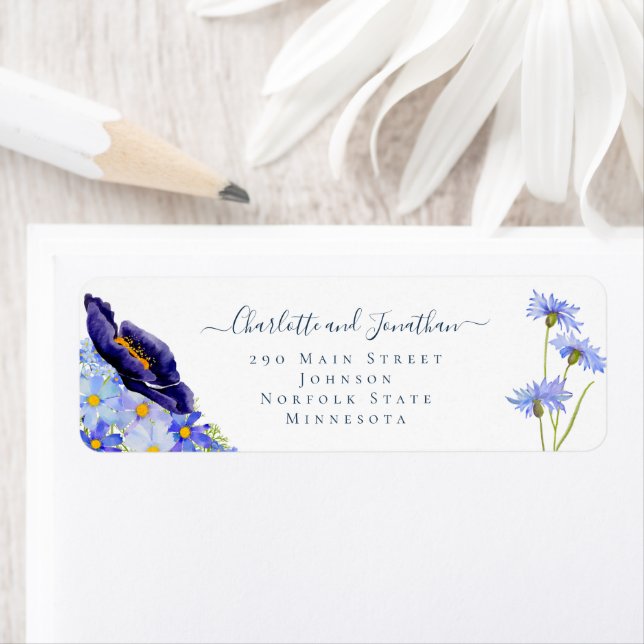 Modern Wildflower Blue Wedding Return Address Label (Insitu)