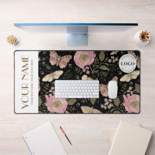 Modern Wildflower Botanical Black Floral Monogram Desk Mat