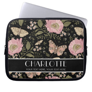 Modern Wildflower Botanical Black Floral Monogram Laptop Sleeve