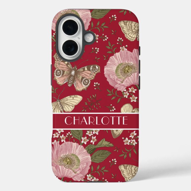 Modern Wildflower Botanical Floral Red Monogram Case-Mate iPhone Case (Back)