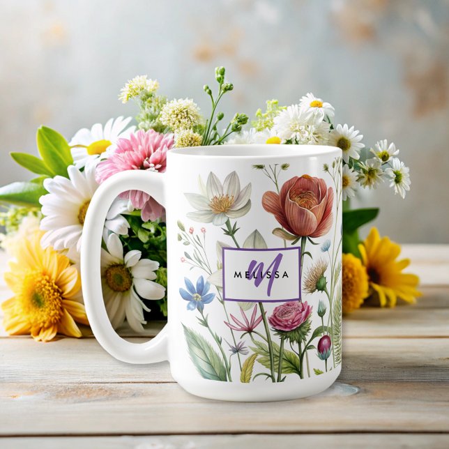 Modern wildflower colourful monogram floral  coffee mug (Creator Uploaded)