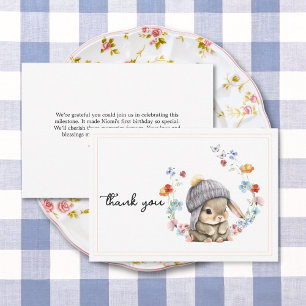 Modern Wildflower Cute Bunny First Birthday Thank You Card