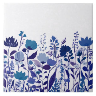 Modern Wildflower Dark Blue & White Floral Flowers Ceramic Tile
