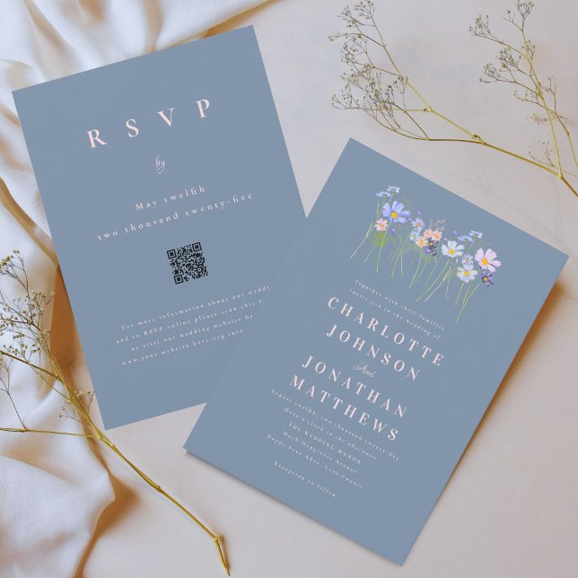 Modern Wildflower Dusty Blue Pink Wedding QR Code Invitation (Elegant wildflower meadow dusty blue blush pink floral wedding qr code invitation)