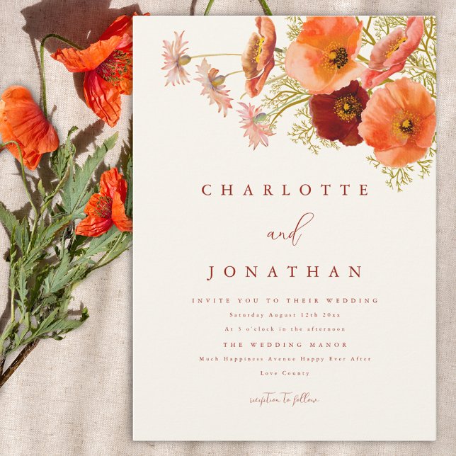 Modern Wildflower Fall Wedding Invitation (Modern wildflower wedding invitation with orange watercolor florals and stylish script )