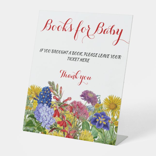 Modern Wildflower Floral Book for Baby Shower Game Pedestal Sign (Front)