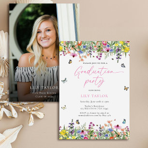Modern Wildflower Floral Photo Graduation Party Invitation