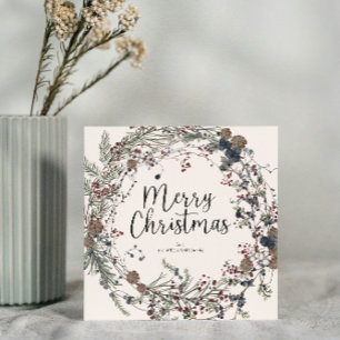 Modern Wildflower Foliage Wreath Script Christmas Holiday Card